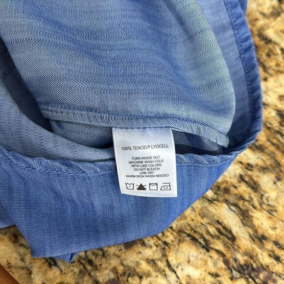 Foxcroft Blue Chambray Hi-Lo Hem 3/4 Sleeve Button Up Shirt Size 14 - Picture 6 of 10